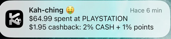 A mobile notification from the app 'Kah-ching' with a drooling emoji reads: '$64.99 spent at PLAYSTATION, $1.95 cashback: 2% CASH + 1% points.'