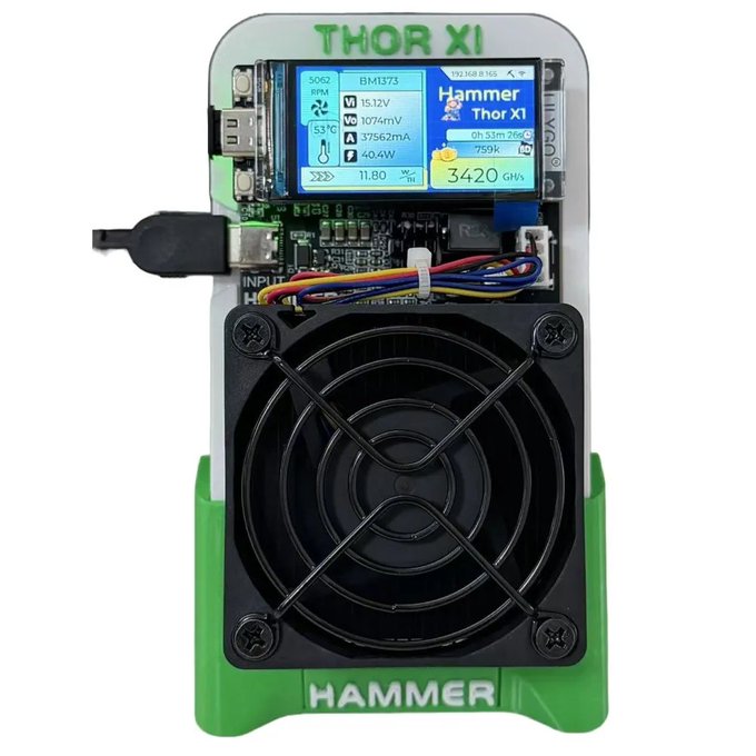 A product photo of the Hammer Thor XI, a green and clear electronic device featuring a digital display showing power statistics (3420 GH/s) and a large black cooling fan on its front face.