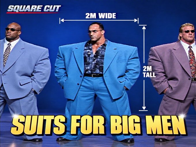 An advertisement for 'Square Cut' brand showing three large men in colorful 1980s-style suits with measurement graphics indicating '2M WIDE' and '2M TALL', with the tagline 'SUITS FOR BIG MEN' at the bottom.