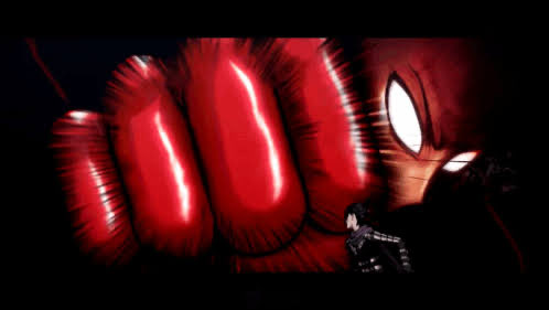 A close-up anime-style shot of a character with glowing white eyes throwing a powerful red-gloved punch toward the camera.