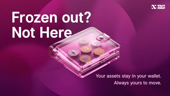 A vibrant purple banner from Pact Swap displays the headline "Frozen out? Not Here" alongside an image of cryptocurrency coins inside a transparent wallet, with the tagline "Your assets stay in your wallet. Always yours to move," reinforcing the post's message about seamlessly moving BTC across chains without restrictions.