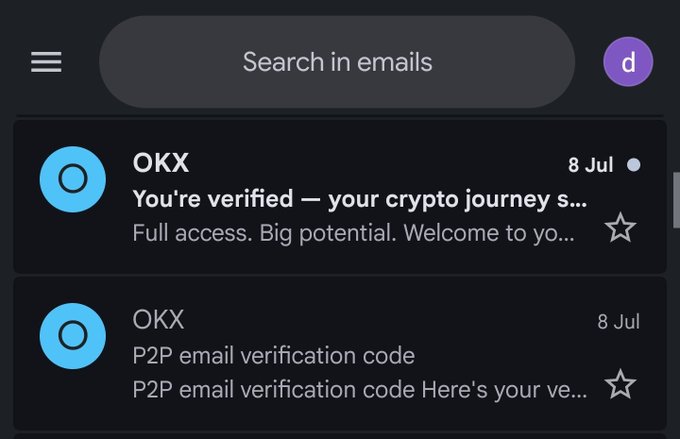 A mobile email inbox displaying two messages from OKX dated 8 Jul, including a verification confirmation and a P2P email verification code.