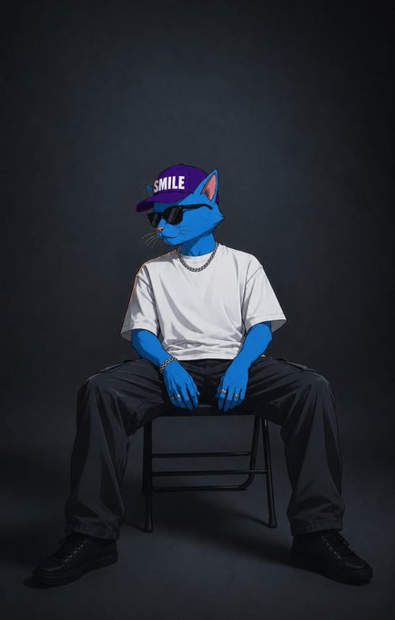 A digital illustration of a blue cat character wearing a purple 'SMILE' cap, sunglasses, a white t-shirt, a chain necklace, and dark pants, sitting on a chair against a dark background.