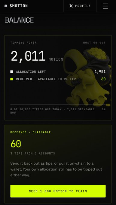 Another mobile screenshot of the '$MOTION' app showing a balance of 2,011 tipping power with 60 received tokens and a message that 1,000 MOTION is needed to claim.