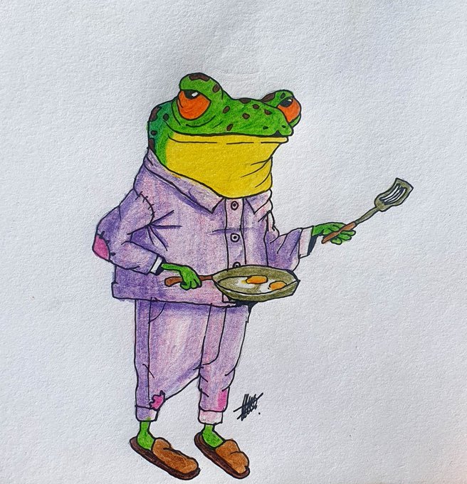 A watercolor illustration shows a cartoon frog wearing purple pajamas and slippers, holding a frying pan with two eggs and a spatula, ready to serve breakfast. The image humorously depicts the "Ribbit" greeting and the frog preparing breakfast in bed for Elon Musk's 55th birthday, as described in the caption, with the frog's relaxed pajama attire playfully tying into the casual "made you breakfast in bed" message.