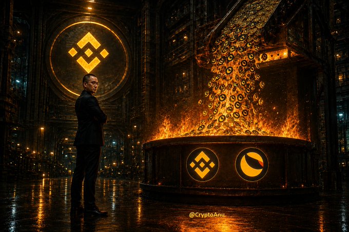 A man in a suit stands before a massive industrial furnace engulfed in flames, with golden Binance coin tokens cascading into the fire, while the Binance and Terra Luna (LUNC) logos glow on the furnace's front. The watermark "@CryptoAnu" is visible at the bottom, and the imagery powerfully illustrates the post's theme of an upcoming massive #LUNCBURN token burn event by Binance, symbolizing the destruction of 2.19 billion LUNC tokens to reduce supply.
