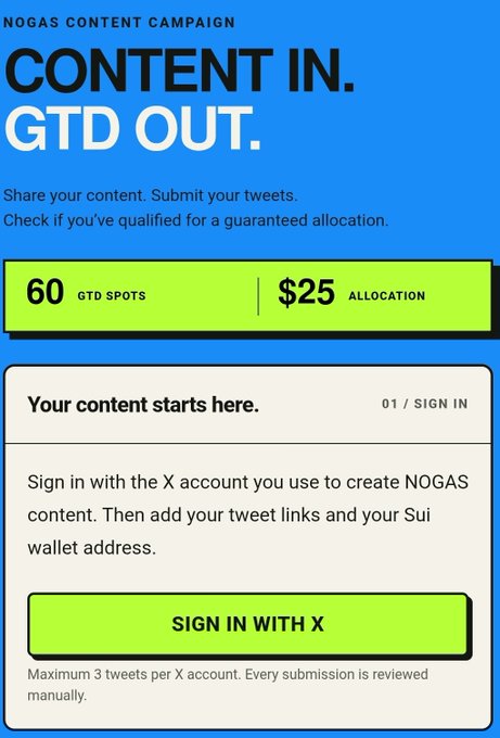 NOGAS content campaign page titled 'CONTENT IN. GTD OUT.' offering 60 GTD spots for $25 allocation.