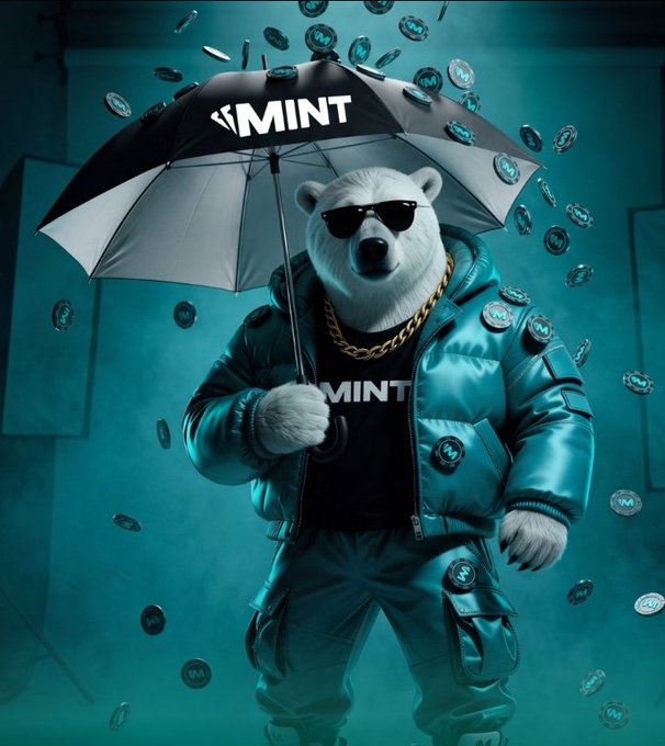 A promotional image of a polar bear mascot wearing sunglasses and a teal puffer jacket, holding a black and white 'MINT' umbrella while standing among falling MINT coins.