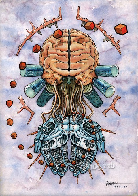 A surreal watercolor and ink illustration depicting a biological brain connected by root-like tendrils to mechanical robotic lungs, surrounded by floating red geometric shapes and architectural fragments, signed 'Kassab' with the number 918434.