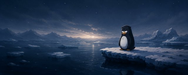 A digital illustration of a grumpy-looking penguin standing on an ice floe under a starry night sky with mountains in the background.