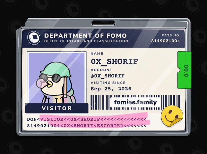 A digital ID badge titled 'DEPARTMENT OF FOMO - OFFICE OF INTAKE AND CLASSIFICATION' for a visitor named 'OX_SHORIF' from 'fomies.family', dated Sep 25, 2026.