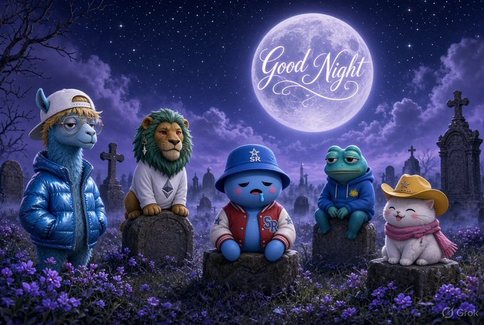 A whimsical 'Good Night' illustration shows five cute animal characters wearing streetwear and caps sitting on tombstones in a purple flower field under a starry night sky and full moon.