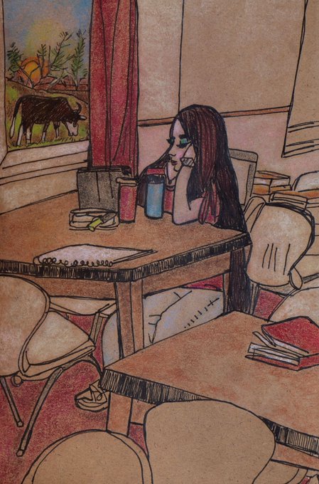 An illustrated scene of a young woman with long dark hair and sunglasses sitting alone at a wooden desk in a classroom or library, with cups and books on the desk. Through a window, a highland cow is visible in a green pasture.