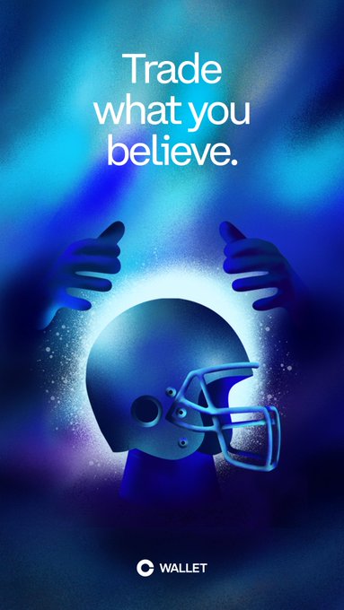 A stylized blue football helmet held by two shadowy hands is featured beneath the text "Trade what you believe," with the "Coinbase Wallet" logo at the bottom. The ad visually reinforces the post's message about trading prediction markets during weekends, using sports fandom as a metaphor for conviction-based investing.