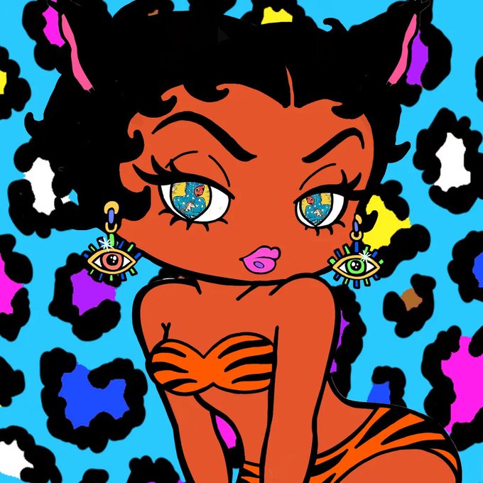 A stylized digital illustration of a woman with voluminous black hair, intricate colorful eyes, and orange-toned skin wearing a tiger-striped outfit, set against a vibrant blue background with leopard print patterns.