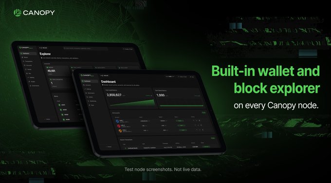 An advertisement for Canopy displays two tablet screens showing a dashboard and explorer interface, with the text 'Built-in wallet and block explorer on every Canopy node' and 'Test node screenshots. Not live data.'
