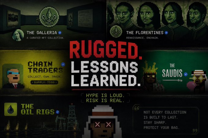 A promotional graphic for NFT collections featuring pixel art, including 'THE GALLERIA', 'THE FLORENTINES', 'CHAIN TRADERS', 'THE SAUDIS', and 'THE OIL RIGS', with bold text reading 'RUGGED. LESSONS LEARNED.' and 'HYPE IS LOUD. RISK IS REAL.'
