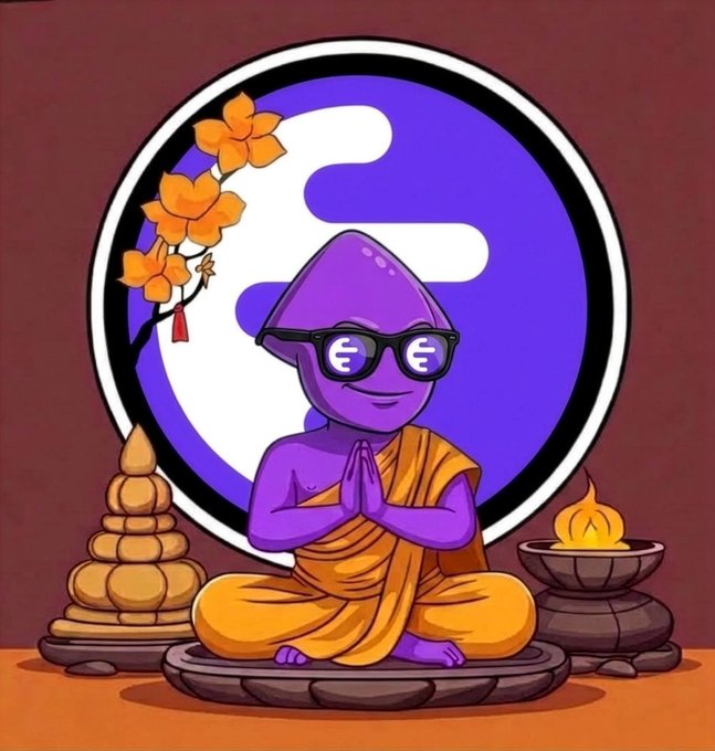 A purple Buddha-like cartoon character wearing sunglasses with euro currency symbols (€) on the lenses sits in a meditation lotus pose, surrounded by orange flowers, a small pagoda, and a lit candle, with the Floki (FLOKI) logo displayed prominently behind him. The image visually connects to the post's mention of "Kaijin," which is the Japanese term for a monstrous being, referencing the Kaijin branding while the bullish euro-symbol sunglasses and zen pose suggest a calm, money-focused "GM" (good morning) crypto greeting from the Kaijin IKA community.