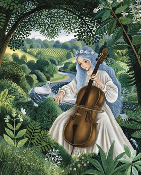 A whimsical painting of a pale woman with blue hair and a white flower crown playing a cello while a white swan rests nearby in a lush green landscape.