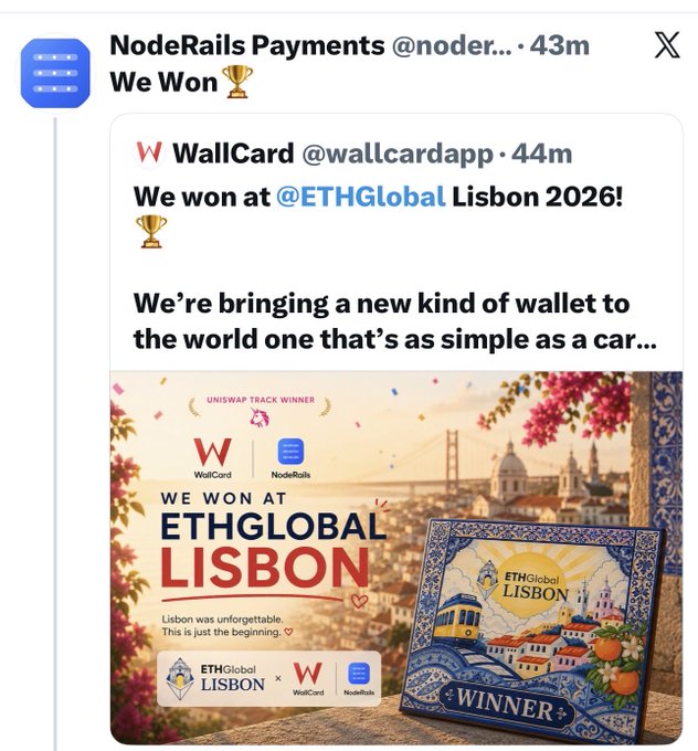 A Twitter/X post by NodeRails Payments quoting WallCard @wallcardapp celebrating winning at @ETHGlobal Lisbon 2026, featuring a colorful graphic with Lisbon landmarks and the text 'UNISWAP TRACK WINNER' and 'WE WON AT ETHGLOBAL LISBON'.