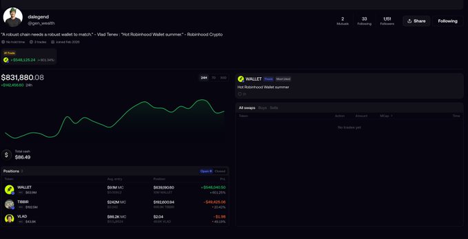 A crypto portfolio tracker dashboard for a user named 'zlaidgend' (zgen_wealth), showing a total wallet value of $831,880.08, a green performance chart, and positions in WALLET, TRUMP, and VLAD.