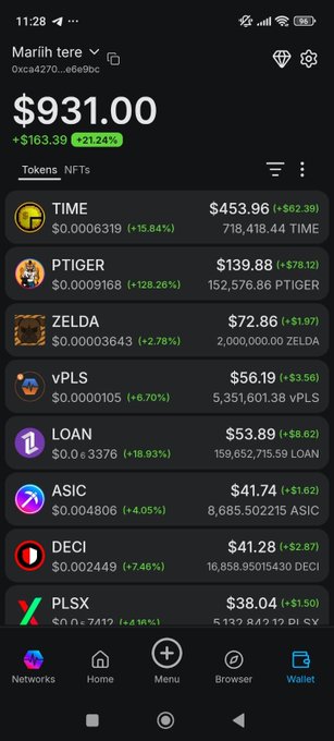 The image shows a cryptocurrency wallet app displaying a total portfolio value of $931.00 (up $163.39 or +21.24%) under the username "Marlih tere," with holdings in tokens including TIME ($453.96), PTIGER ($139.88), ZELDA ($72.86), vPLS ($56.19), LOAN ($53.89), ASIC ($41.74), DECI ($41.28), and PLSX ($38.04), illustrating the user's updated Intermoney wallet balances.