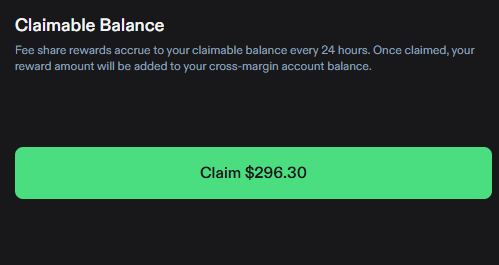 A dark-themed "Claimable Balance" interface displays a message explaining that fee share rewards accrue every 24 hours and adds claimed rewards to the cross-margin account balance, with a prominent green button reading "Claim $296.30." The image illustrates the post's claim about accumulating $296 in USDC rewards from five days of farming on Phoenix Perp Dex using a strategy based on Open Interest and Holding Time.