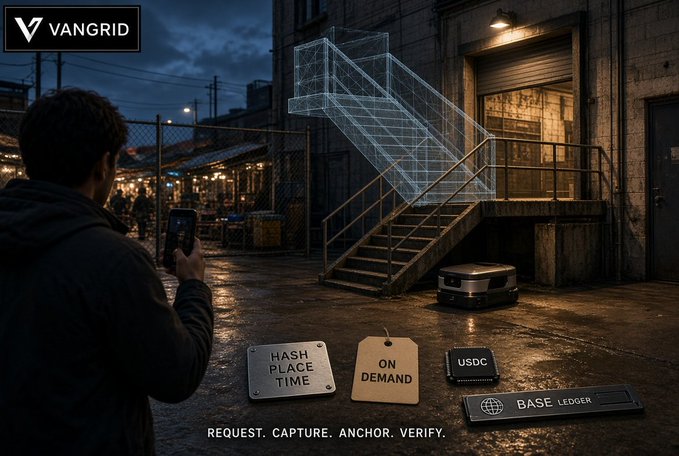 A promotional image for VANGRID showing a man using his phone near industrial stairs, with tags reading 'HASH PLACE TIME', 'ON DEMAND', 'USDC', 'BASE LEDGER', and the tagline 'REQUEST. CAPTURE. ANCHOR. VERIFY.'