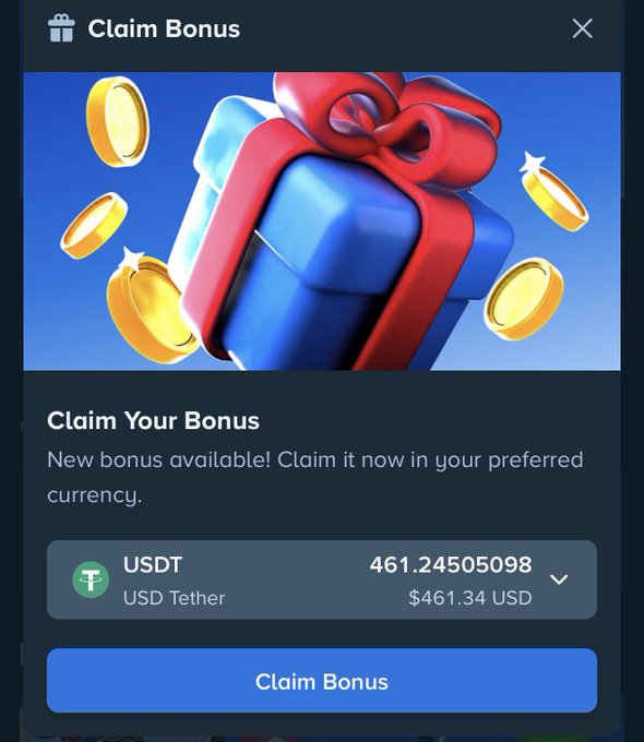 A Stake.com "Claim Bonus" popup showing a reward of 461.24505098 USDT (~$461.34 USD) ready to be claimed, illustrating the monthly bonus payout referenced in the tweet asking users to share their Stake ID and bonus amount.