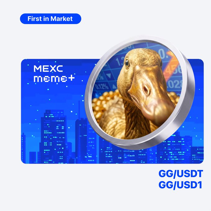 A promotional graphic announces MEXC as the "First in Market" to list the GG token (GG/USDT and GG/USD1) on its Meme+ platform, featuring a golden goose coin emerging from a stylized city skyline against a blue background, tying into the $GG listing announcement for Golden Goose.