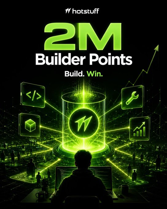 The image is a promotional graphic by Hotstuff featuring bold green text that reads "2M Builder Points" alongside the tagline "Build. Win." It depicts a developer working at a glowing green terminal connected to a central energy sphere, surrounded by icons representing code, tools, and growth metrics. The graphic visually reinforces the post's message of Hotstuff allocating 2 million points to reward builders who contribute to the ecosystem's development.