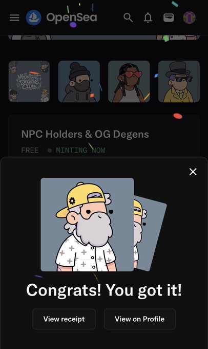 An OpenSea app screenshot shows a successful NFT minting with the message 'Congrats! You got it!' featuring a cartoon character with a white beard and yellow hat.