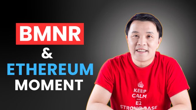 The image shows a smiling man wearing a red "KEEP CALM AND E2 STRONG" t-shirt against a dark gradient background, with bold text on the left reading "BMNR & ETHEREUM MOMENT." This serves as a YouTube thumbnail for a video discussing $BMNR and $ETH, matching the post's reference to this week's video update.