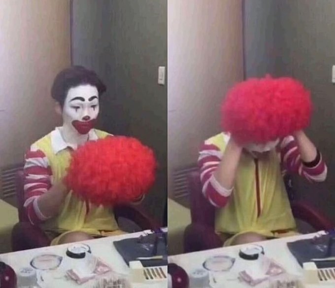A side-by-side image of a person in clown makeup, with the right panel showing them hiding their face behind a large red clown wig.