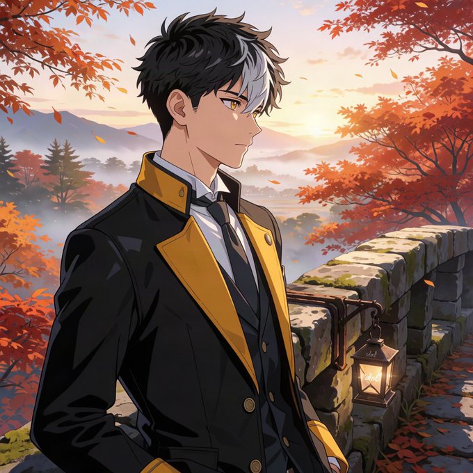 Anime-style illustration of a young man with black and white hair wearing a black suit with yellow accents, standing on a stone bridge in an autumn landscape with red maple leaves and a setting sun.