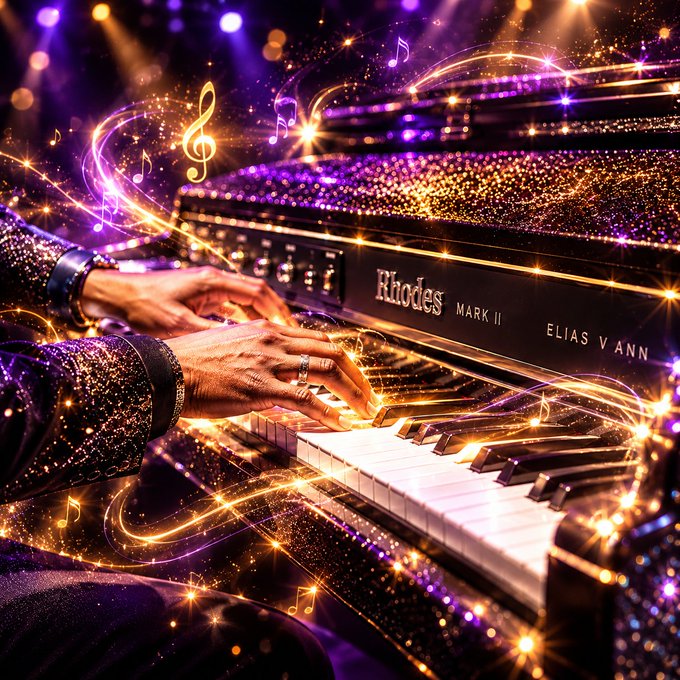 An artistic, sparkly image shows hands playing a Rhodes Mark II piano, signed 'Elias Vann', surrounded by glowing musical notes and lights.