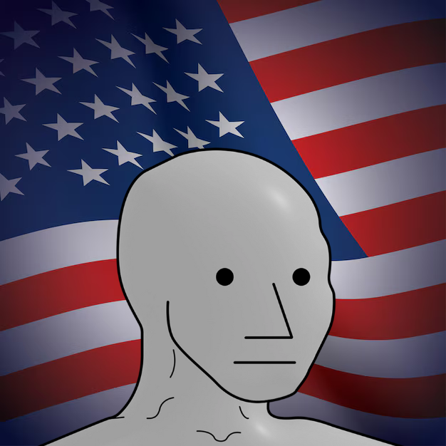 A blank, faceless gray humanoid figure stands centered against a backdrop of the American flag. The simple, featureless character visually represents the generic "NPC" meme referenced in the post, evoking the concept of an average, thoughtless American stereotype.