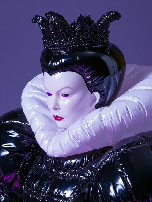 A 3D rendered figure with pale skin, red lips, and an elaborate black crown wears a white puffer collar and shiny black garment against a purple background.
