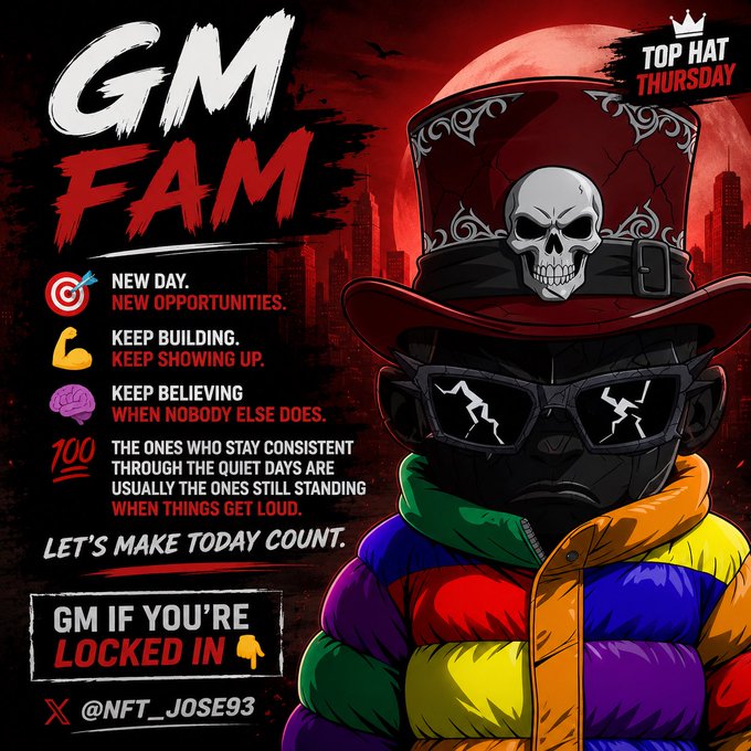 An NFT-style graphic titled 'GM FAM' with a skull-top-hat-wearing character wearing a colorful puffer jacket, featuring motivational text 'NEW DAY. NEW OPPORTUNITIES. KEEP BUILDING. KEEP SHOWING UP. KEEP BELIEVING WHEN NOBODY ELSE DOES' and dated 'TOP HAT THURSDAY' with handle @NFT_JOSE93.