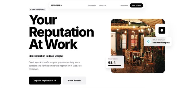 The image features a website with a white background, black text, and an image of a restaurant. The website appears to be promoting a service or product related to cryptocurrencies, specifically Ethereum. It has a focus on trust and transparency, as indicated by the use of the cred-layer AI technology for data verification and real-time currency exchange. The website also includes a contact form for users to reach out with questions or concerns about the service being offered.