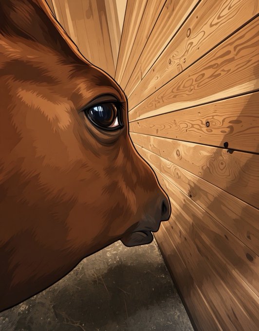 An illustration depicting a close-up profile of a brown animal, possibly a horse or deer, facing a wooden wall with floorboards visible beneath.