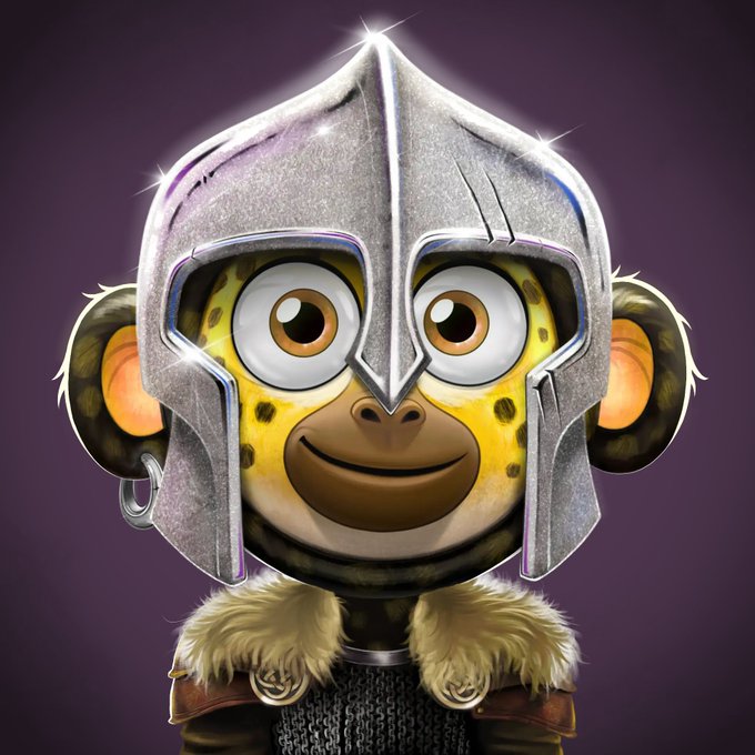 A smiling cartoon monkey with leopard-print fur wears a gleaming silver medieval-style helmet adorned with a fur collar, fitting the "rise and shine" theme by portraying an armored warrior ready for the day. The image is associated with the @onchainmonkey profile, likely a stylized NFT avatar representing the account.