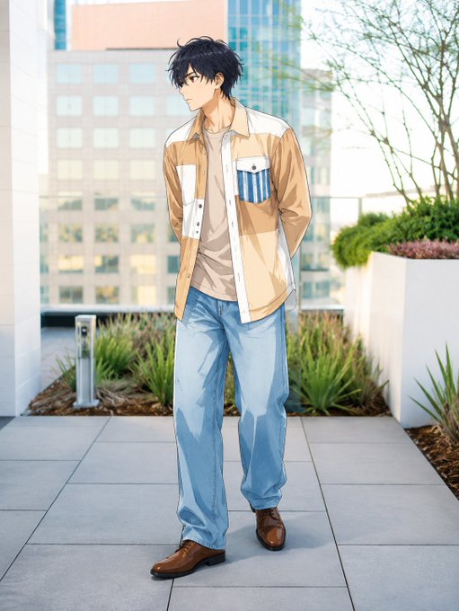 An anime-style illustration of a young man with dark hair wearing a tan and white shirt with blue jeans, standing on a tiled rooftop terrace with a city skyline behind him.