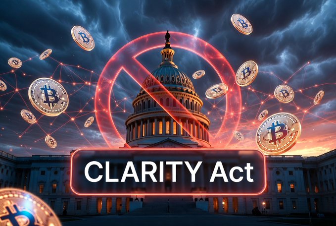 A digital illustration shows the U.S. Capitol building encircled by a glowing red "no" symbol, with Bitcoin coins floating around it against a stormy sky, while a neon-lit sign reads "CLARITY Act," visually representing the stalled congressional vote on the cryptocurrency legislation amid unresolved corruption, consumer protection, and national security concerns.