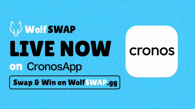 Promotional graphic reading 'WolfSWAP LIVE NOW on CronosApp - Swap & Win on WolfSWAP.gg' with the Cronos logo.