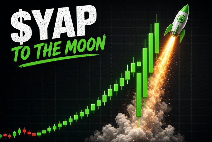 A graphic displays a rising green candlestick chart with a rocket launching, accompanied by the text "$YAP TO THE MOON" on a black background.