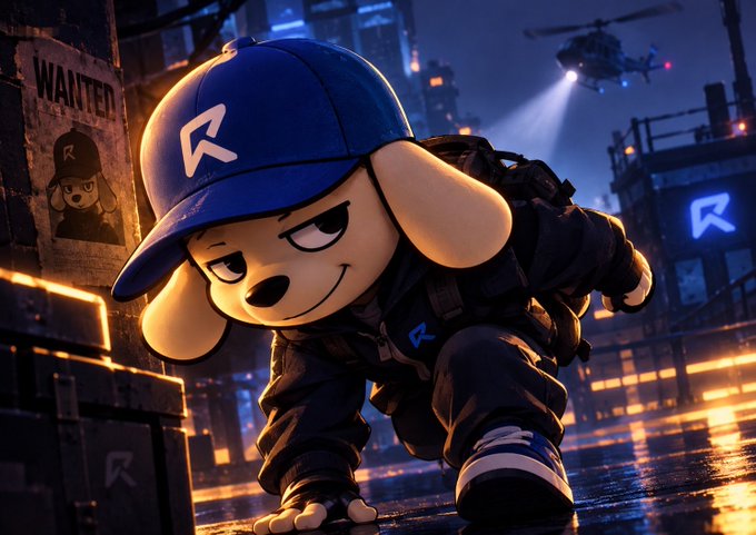 A 3D rendered cartoon dog character wearing a blue baseball cap with an 'R' logo and tactical gear, crawling in a nighttime urban environment with a helicopter searchlight in the background.