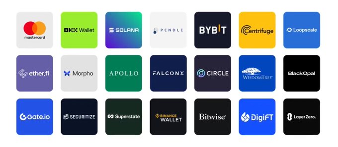 A grid of 21 cryptocurrency and fintech company logos including Mastercard, OKX Wallet, Solana, Pendle, BYBIT, Centrifuge, Loopscale, ether.fi, Morpho, APOLLO, FALCONX, CIRCLE, WisdomTree, BlackOpal, Gate.io, SECURITIZE, Superstate, BINANCE Wallet, Bitwise, DigiFT, and LayerZero.