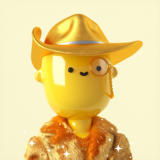 A 3D rendered yellow character wearing a shiny gold cowboy hat, a monocle, a gold chain, and a furry orange jacket, with sparkle effects around it.