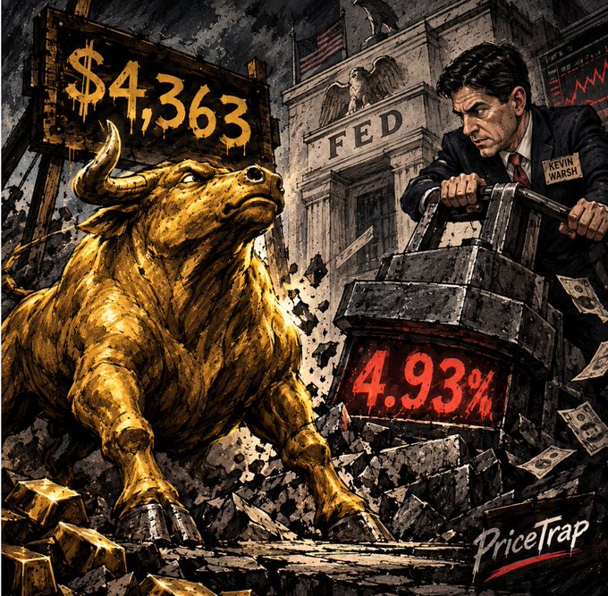 An illustration by PriceTrap depicting a golden bull charging against a figure labeled 'Kevin Warsh' near the FED building, with a display showing '4.93%' and a sign reading '$4,363'.